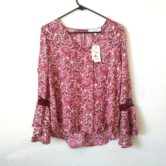 🔥3/30 HIPPIE ROSE Boho Paisley Crochet Bell Sleeve Top - Picture 2 of 8